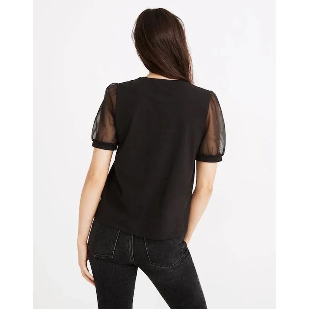 Madewell Black Sheer Mesh Puff Sleeve‎ Knit Top Crew Neck Small